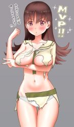 Rule 34 | 1girl, between breasts, breasts, brown eyes, brown hair, commentary request, cowboy shot, gluteal fold, green necktie, grey background, highres, kantai collection, kujira naoto, large breasts, long hair, navel, necktie, no bra, ooi (kancolle), panties, remodel (kantai collection), sailor collar, school uniform, serafuku, simple background, skirt, solo, standing, thigh gap, torn clothes, translation request, underwear, white panties, white sailor collar, white skirt