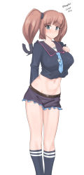 Rule 34 | 1girl, absurdres, anchor hair ornament, atlanta (kancolle), black headwear, black socks, black sailor collar, blue necktie, blue shirt, blue shorts, breasts, brown hair, cosplay, crescent, crescent pin, dated, feet out of frame, frilled shorts, frills, grey eyes, hair ornament, highres, kantai collection, kneehighs, large breasts, long hair, looking at viewer, maru (marg0613), midriff, minazuki (kancolle), minazuki (kancolle) (cosplay), necktie, oversized clothes, sailor collar, shirt, shorts, simple background, socks, solo, standing, twitter username, two side up, white background