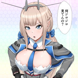 Rule 34 | 1girl, between breasts, black gloves, blonde hair, blue bow, blue eyes, blue necktie, bow, breasts, capelet, dress, gloves, gradient background, grey capelet, grey dress, headgear, kantai collection, large breasts, long hair, looking at viewer, low twintails, maryland (kancolle), multicolored background, necktie, necktie between breasts, nikku (nzaf5832), pleated dress, rigging, shirt, sleeveless, solo, twintails, white shirt