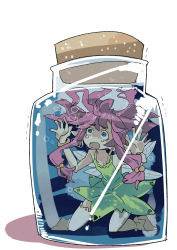 Rule 34 | 1girl, asphyxiation, bottle, dress, drowning, fairy, fairy wings, female focus, highres, open mouth, original, pink hair, pointy ears, ryona, solo, tomatojam, underwater, water, wings