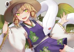 Rule 34 | 13 (spice!!), :d, animal, animal print, arm at side, arm up, blonde hair, blush, bright pupils, cross-laced clothes, detached sleeves, fang, frog print, green eyes, hair between eyes, hair ribbon, hand on headwear, leaf print, lily pad, long sleeves, mishaguji, moriya suwako, open mouth, outstretched arm, outstretched hand, purple skirt, purple vest, pyonta, red eyes, red ribbon, ribbon, ribbon trim, shirt, short hair, skirt, skirt set, slit pupils, smile, snake, solo, thighhighs, touhou, vest, white pupils, white shirt, white thighhighs, wide sleeves, yellow eyes