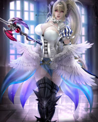 Rule 34 | 1girl, angel, asymmetrical gloves, blonde hair, blush, breasts, buckler, bustier, cleavage, commission, demon, demon girl, diadem, drakenalia, fantasy, gloves, hair between eyes, high ponytail, highres, holding, holding polearm, holding weapon, horns, large breasts, long hair, looking at viewer, lucifer (the seven deadly sins), mismatched gloves, open mouth, polearm, puff and slash sleeves, puffy sleeves, red eyes, shield, smile, solo, spear, the seven deadly sins, thighhighs, very long hair, visor (armor), weapon, white gloves, wings
