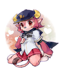 Rule 34 | 1girl, baseball cap, buffalo bell, clothes writing, eric flay, full body, hat, horns, long sleeves, mascot, miniskirt, nippon professional baseball, orix buffaloes, pleated skirt, red skirt, sailor collar, simple background, skirt, solo, striped clothes, striped skirt, white background