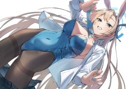 Rule 34 | 1girl, absurdres, animal ears, asuna (blue archive), bare shoulders, black pantyhose, blonde hair, blue archive, blue bow, blue bowtie, blue eyes, blue leotard, blue nails, blush, bow, bowtie, breasts, clothes pull, covered navel, fake animal ears, hair ribbon, highleg, highleg leotard, highres, large breasts, leotard, long hair, long sleeves, looking at viewer, naka1379, official alternate costume, open clothes, open shirt, pantyhose, playboy bunny, pulling own clothes, ribbon, school uniform, skirt, smile, strapless, strapless leotard, thighband pantyhose, traditional bowtie, undressing, unworn skirt, very long hair, white background