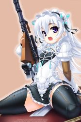 Rule 34 | 10s, 1girl, black thighhighs, blush, breasts, butterfly hair ornament, chaika trabant, covered erect nipples, dress, eyebrows, frills, gradient background, gun, hair ornament, hairband, highres, hitsugi no chaika, lolita hairband, long hair, looking at viewer, motonaga hiroya, open mouth, puffy sleeves, purple eyes, short dress, small breasts, smile, solo, thighhighs, thighs, weapon, white hair
