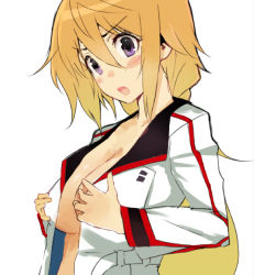 Rule 34 | 10s, 1girl, blonde hair, blush, blush stickers, breast hold, breasts, charlotte dunois, cleavage, infinite stratos, large breasts, long hair, no bra, open clothes, open mouth, purple eyes, shirabi, simple background, solo, surprised, upper body