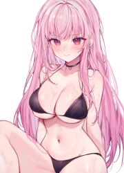 Rule 34 | 1girl, arms behind back, bikini, black bikini, black choker, blush, breasts, choker, cleavage, closed mouth, collarbone, curvy, earrings, embarrassed, highres, hololive, hololive english, jewelry, large breasts, long hair, looking at viewer, miyuchiq, mori calliope, navel, pink hair, shiny skin, simple background, sitting, skindentation, solo, string bikini, sweat, swimsuit, very long hair, virtual youtuber, white background