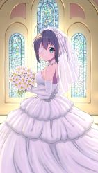 Rule 34 | 1girl, absurdres, alternate costume, bare shoulders, black hair, bouquet, breasts, bridal veil, bride, church, chuunibyou demo koi ga shitai!, closed mouth, commentary request, dress, elbow gloves, eyepatch, flower, gloves, heart, heart eyepatch, highres, indoors, long dress, looking at viewer, shikkoku no hono mikado, short hair, smile, solo, strapless, strapless dress, takanashi rikka, veil, wedding, wedding dress, white dress, white flower, white gloves