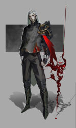 Rule 34 | 1boy, absurdres, alcohol, armor, blood, closed mouth, cup, dagger, drinking glass, dripping, gem, greaves, highres, knife, long hair, male focus, original, pauldrons, red eyes, shoulder armor, single pauldron, solo, standing, sundujuan, vampire, weapon, white hair, wine, wine glass