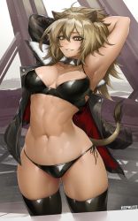 Rule 34 | 1girl, abs, animal ears, arknights, armpits, arms behind head, artist name, black choker, black jacket, black thighhighs, blush, brown hair, choker, cowboy shot, highres, jacket, lion ears, lion girl, lion tail, long hair, long sleeves, looking at viewer, navel, nephlite, open clothes, open jacket, parted lips, ponytail, siege (arknights), smile, solo, stomach, tail, thighhighs, v-shaped eyebrows, yellow eyes