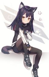 Rule 34 | 1girl, aged down, animal ear fluff, animal ears, arknights, black capelet, black gloves, black hair, black pantyhose, black shorts, capelet, earrings, fingerless gloves, full body, gloves, hair between eyes, id card, jacket, jewelry, long hair, looking at viewer, nam990902, pantyhose, paw print, piercing, shoes, shorts, sneakers, solo, tail, texas (arknights), white jacket, wolf ears, wolf girl, wolf tail, yellow eyes