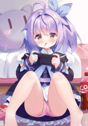 Rule 34 | 1girl, absurdres, bandaid, bandaid on leg, blush, character request, copyright request, dot nose, eating, fengshen chino, flat chest, food, food in mouth, hair between eyes, highres, holding, nintendo, nintendo switch, panties, pocky, pocky in mouth, sitting, solo, tagme, thighs, underwear