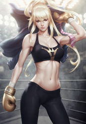 Rule 34 | 1girl, blonde hair, boxer, boxing gloves, boxing ring, breasts, brown eyes, cleavage, collarbone, contrapposto, crop top, female focus, girls of the wild&#039;s, highres, lips, midriff, muscular, navel, necktie, unworn necktie, pants, ponytail, queen (gotw), solo, sports bra, standing, stanley lau, toned, yoga pants
