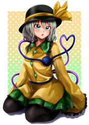 Rule 34 | 1girl, black hat, black pantyhose, blouse, breasts, collared shirt, commentary request, eyeball, frilled shirt collar, frilled sleeves, frills, gradient background, green background, green eyes, green skirt, grey hair, hair between eyes, hat, hat ribbon, heart, heart of string, highres, komeiji koishi, long sleeves, mahoro (minase mahoro), medium hair, multicolored background, open mouth, pantyhose, pleated skirt, polka dot, polka dot background, ribbon, shirt, sitting, skirt, sleeves past fingers, sleeves past wrists, small breasts, solo, third eye, touhou, wariza, wide sleeves, yellow background, yellow shirt