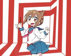 Rule 34 | 1girl, blue sailor collar, blue skirt, blush, brown eyes, brown hair, commentary request, commercial, cowboy shot, folded ponytail, food, hair ornament, hairclip, holding, holding food, holding pocky, inazuma (kancolle), kantai collection, looking at viewer, neckerchief, open mouth, parody, pocky, pocky day, raised eyebrows, red background, red neckerchief, sailor collar, school uniform, serafuku, shirt, short hair, skirt, smile, solo, striped, striped background, striped wall, tonmoh, turning around, w arms, white background, white shirt, wind, wind lift