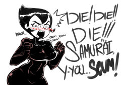 Rule 34 | 1girl, ashi (samurai jack), black hair, blush, bodysuit, breasts, clenched hand, covered navel, embarrassed, english text, female focus, hands up, highres, large breasts, monochrome, onatart, open mouth, samurai jack, short hair, simple background, solo, spot color, talking, tears, teeth, text focus, white background