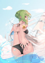 Rule 34 | 1girl, alternate hairstyle, artist name, ass, back, ball, bare arms, bare back, bare shoulders, beachball, bikini, black bikini, blue sky, breasts, cloud, cowboy shot, day, fingernails, flower, from behind, green hair, hand on own ass, highres, kazami yuuka, looking at viewer, looking back, nail polish, outdoors, red eyes, sail, ship, short hair, shoulder blades, sideboob, sideways glance, sky, solo, swimsuit, touhou, tzafra, wading, water, watercraft