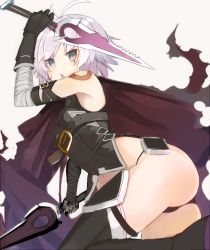 Rule 34 | 1girl, :o, arm up, ass, bandaged arm, bandages, black gloves, black thighhighs, breasts, dagger, facial scar, fate/apocrypha, fate (series), from side, gloves, grey background, grey eyes, holding, holding sword, holding weapon, jack the ripper (fate/apocrypha), knife, looking at viewer, looking back, navel, nekomegane, open mouth, scar, scar across eye, scar on cheek, scar on face, short hair, simple background, small breasts, solo, sword, thighhighs, thighs, weapon, white hair