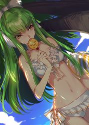 Rule 34 | 1girl, bikini, breasts, c.c., candy, cheese-kun, code geass, creayus, day, food, green hair, licking, lipstick, lollipop, long hair, looking at viewer, makeup, medium breasts, ponytail, solo, sweat, swimsuit, yellow eyes