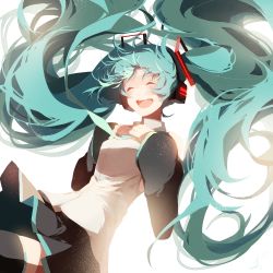 Rule 34 | 1girl, :d, aqua eyes, aqua hair, black legwear, black skirt, breasts, bright background, detached sleeves, closed eyes, floating hair, hands on own chest, hatsune miku, headset, highres, long hair, necktie, open mouth, pleated skirt, saihate (saihate d3), skirt, sleeveless, smile, solo, teeth, twintails, very long hair, vocaloid