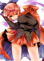Rule 34 | 1girl, black shirt, bow, breasts, cape, disembodied head, edo., gluteal fold, hair bow, hand in own hair, holding head, large breasts, light particles, long sleeves, looking at viewer, miniskirt, parted lips, red hair, red skirt, sekibanki, shirt, short hair, simple background, skirt, smile, smoke, solo, thighs, touhou, white background, wind, wind lift