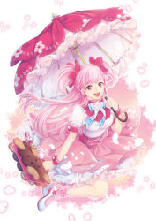 Rule 34 | 1girl, cherry blossom cookie, cherry blossoms, cookie run, highres, long hair, looking at viewer, parasol, petals, pink eyes, pink hair, pink skirt, pink theme, puffy short sleeves, puffy sleeves, short sleeves, skirt, sliverbin, smile, solo, two side up, umbrella, white legwear