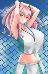 Rule 34 | 1girl, :3, absurdres, armpits, arms up, azur lane, bare shoulders, blue sky, blush, breasts, bremerton (azur lane), bremerton (scorching-hot training) (azur lane), chain-link fence, cleavage, cloud, commentary, cowboy shot, crop top, crop top overhang, crossed bangs, day, fence, green shirt, green skirt, grey hair, groin, hair between eyes, hair intakes, hair ornament, heart, heart necklace, highres, jewelry, large breasts, long hair, looking at viewer, memai (mathpersimmon), midriff, multicolored hair, navel, necklace, no mole, official alternate costume, outdoors, pink eyes, pink hair, shirt, sidelocks, skirt, sky, sleeveless, sleeveless shirt, solo, sportswear, standing, streaked hair, tennis uniform, twintails, two-tone hair, two-tone shirt, two-tone skirt, white shirt, white skirt, x hair ornament
