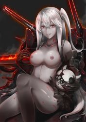 Rule 34 | 10s, 1girl, abyssal ship, aircraft carrier princess, bottomless, breasts, breasts out, colored skin, edwin (cyberdark impacts), elbow gloves, enemy aircraft (kancolle), female focus, gloves, gradient background, grey skin, kantai collection, large breasts, long hair, looking at viewer, nipples, one side up, open clothes, open shirt, pale skin, red eyes, shirt, sitting, smile, solo, torn clothes, very long hair, white hair