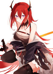 Rule 34 | 1girl, arknights, black collar, black dress, black jacket, black thighhighs, blush, breasts, cleavage, collar, commentary, detached collar, dress, highres, jacket, kinona, kneeling, large breasts, long hair, looking at viewer, on one knee, open clothes, open jacket, purple eyes, red hair, simple background, solo, surtr (arknights), sword, thighhighs, very long hair, weapon, white background