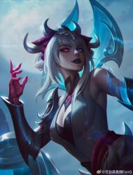 Rule 34 | 1girl, artist name, black lips, blue eyes, breasts, cleavage, cleavage cutout, clothing cutout, hair between eyes, hair ornament, heterochromia, highres, large breasts, league of legends, lipstick, looking at another, makeup, moon, morgana (league of legends), outdoors, red eyes, sidelocks, smile, snow moon morgana, solo, upper body, white hair, wings, zheng feng