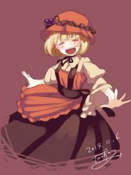 Rule 34 | 1girl, aki minoriko, apron, arm ribbon, artist name, autumn leaves, blonde hair, bow, brown background, closed eyes, dated, food, fruit, grapes, happy, hat, hat ornament, long skirt, looking at viewer, mob cap, open mouth, outstretched arms, ribbon, shirt, short hair, signature, simple background, skirt, smile, solo, takuzui, touhou, waist apron, wide sleeves, yellow shirt
