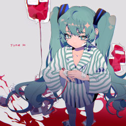 Rule 34 | 1girl, absurdres, bandaged hand, bandages, bandaid, bandaid on face, blood, blood bag, blood on ground, blue eyes, blue hair, blue shirt, closed mouth, collarbone, commentary, dated, feet out of frame, grey background, grey pantyhose, hatsune miku, highres, long hair, long sleeves, no pants, pajamas, pantyhose, shirt, simple background, solo, striped clothes, striped pajamas, striped shirt, taowu (20809), twintails, vocaloid, white shirt