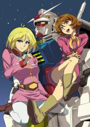 Rule 34 | 2girls, blonde hair, blue eyes, breasts, brown hair, closed mouth, exocet, foot out of frame, fraw bow, gundam, highres, looking at viewer, mecha, medium breasts, military, mobile suit gundam, multiple girls, open mouth, robot, rx-78-2, sayla mass, short hair, skirt, small breasts, smile, uniform