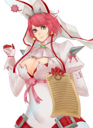 Rule 34 | 1girl, absurdres, ahoge, aqua eyes, arc system works, bad id, bad pixiv id, blue eyes, breasts, bridal veil, cleavage, cleavage cutout, clothing cutout, clover, dress, earrings, elphelt valentine, female focus, four-leaf clover, gloves, guilty gear, guilty gear xrd, hat, highres, jewelry, large breasts, looking at viewer, marriage certificate (object), pink hair, red gloves, ribbon, saya (hys1600), short hair, simple background, smile, solo, spikes, upper body, veil, wedding dress