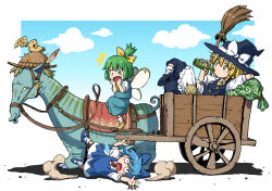 Rule 34 | 3girls, ^^^, animal, apron, arm behind back, arm up, bird, blonde hair, blue hair, bottle, bow, braid, broom, cat, chibi, cirno, commentary request, crossed legs, daiyousei, dress, drinking, fairy wings, fallen down, from side, full body, green hair, hat, hat bow, holding, holding bottle, ice, ice wings, inuno rakugaki, kirisame marisa, long hair, looking at another, lying, multiple girls, on back, on side, open mouth, riding, shirt, shoes, short hair, short sleeves, side braid, single braid, standing, straw hat, surprised, touhou, waist apron, white apron, wide-eyed, wings, witch hat