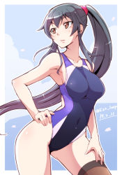 Rule 34 | 10s, 1girl, black hair, breasts, competition swimsuit, covered navel, dated, e20, hand on own hip, hand on thigh, highleg, highleg swimsuit, kantai collection, large breasts, long hair, one-piece swimsuit, outside border, parted lips, petals, ponytail, single thighhigh, solo, swimsuit, thighhighs, twitter username, yahagi (kancolle)
