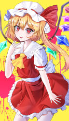 Rule 34 | 1girl, :d, absurdres, ascot, bow, commentary request, contrapposto, cowboy shot, crystal, fangs, flandre scarlet, flat chest, hair between eyes, hand up, hat, hat bow, highres, light blush, long hair, looking at viewer, mob cap, nail polish, nyarocks, one side up, open mouth, puffy short sleeves, puffy sleeves, red bow, red eyes, red nails, red skirt, red vest, short hair with long locks, short sleeves, simple background, skirt, skirt set, smile, solo, touhou, very long hair, vest, wings, yellow ascot, yellow background