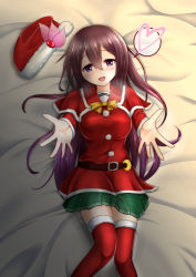 Rule 34 | 1girl, absurdres, alternate breast size, blanket, breasts, breath, brown hair, capelet, christmas, fur-trimmed headwear, fur-trimmed legwear, fur trim, green skirt, hat, heart, highres, jacket, jewelry, kantai collection, kisaragi (kancolle), kisaragi mizuto, large breasts, long hair, lying, on bed, open mouth, purple eyes, red capelet, red hat, red jacket, red thighhighs, ribbon, ring, santa costume, santa hat, skirt, solo, thighhighs, unworn headgear