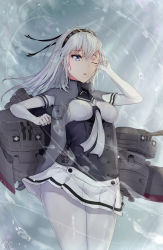 Rule 34 | 1girl, bodysuit, boots, breasts, chou-10cm-hou-chan, clothes writing, cowboy shot, gloves, grey eyes, hair between eyes, hand in own hair, high heel boots, high heels, highres, kantai collection, knee boots, long hair, looking away, miniskirt, neckerchief, one eye closed, one side up, open mouth, pantyhose, pleated skirt, sailor collar, school uniform, sherryqq, signature, silver hair, skirt, suzutsuki (kancolle), water drop, white bodysuit, white gloves, white pantyhose, wind