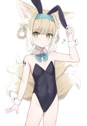 Rule 34 | 1girl, ?, absurdres, animal ear fluff, animal ears, aqua hairband, arknights, bare shoulders, black leotard, blonde hair, bow, bowtie, collarbone, covered navel, cowboy shot, crotch, detached collar, fake animal ears, flat chest, fox ears, fox girl, fox tail, gachigachi, green eyes, hair rings, hairband, highres, kitsune, leotard, material growth, multiple tails, oripathy lesion (arknights), playboy bunny, rabbit ears, simple background, solo, strapless, strapless leotard, suzuran (arknights), tail, white background, wrist cuffs