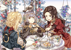 Rule 34 | 1girl, 3girls, bird, black hair, blonde hair, blue eyes, blush, braid, braided bun, breasts, brown eyes, cattleya baudelaire, cheese kang, cleavage, closed mouth, cup, dress, earrings, eyes visible through hair, flower, food, fork, gloves, grass, grey eyes, grey hair, grey jacket, hair between eyes, hair bun, hair intakes, hair ribbon, holding, holding cup, holding fork, holding knife, holding pen, jacket, jewelry, knife, large breasts, long hair, long sleeves, looking to the side, multiple girls, necklace, open mouth, parted lips, pen, pigeon, plate, pot, puffy long sleeves, puffy sleeves, purple flower, red dress, red flower, red ribbon, ribbon, sitting, sky, smile, spoon, standing, tart (food), tea, tea party, violet evergarden, violet evergarden (series)