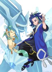 Rule 34 | 1boy, adaman (pokemon), blue coat, blue hair, brown eyes, closed mouth, coat, collar, commentary request, creatures (company), crystal, dialga, earrings, eyebrow cut, game freak, gen 4 pokemon, green hair, hand up, hand wraps, highres, jewelry, kakikuyeko3181, leafeon, legendary pokemon, male focus, multicolored hair, nintendo, pokemon, pokemon (creature), pokemon legends: arceus, smile, w, white background