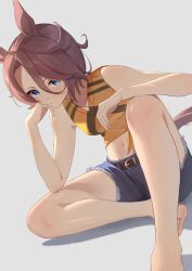 Rule 34 | 1girl, absurdres, alternate costume, animal ears, bare shoulders, barefoot, belt, blue eyes, breasts, brown belt, brown hair, commentary request, cutoffs, denim, denim shorts, ear ornament, grey background, head rest, highres, horse ears, horse girl, horse tail, kanketsu25, knee up, midriff, narita taishin (umamusume), navel, orange shirt, shadow, shirt, short hair, shorts, simple background, sitting, sleeveless, sleeveless shirt, small breasts, solo, tail, toes, umamusume, white shirt