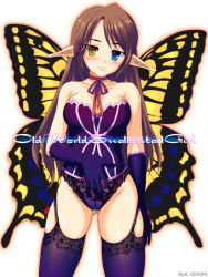 Rule 34 | 1girl, bad id, bad pixiv id, blush, breasts, brown hair, butterfly wings, cleavage, elbow gloves, fairy, garter belt, genshi, gloves, heterochromia, insect wings, original, pointy ears, solo, thighhighs, wings