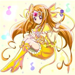 Rule 34 | 10s, 1girl, aitaso, boots, bow, brooch, brown hair, bubble skirt, circlet, cure muse, cure muse (yellow), dodory, earrings, frills, hair bow, headband, heart, jewelry, knee boots, long hair, looking at viewer, magical girl, musical note, precure, red eyes, shirabe ako, skirt, solo, suite precure, yellow bow, yellow footwear, yellow skirt