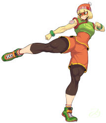 Rule 34 | 1girl, arms (game), beanie, blonde hair, breasts, green eyes, hat, highres, kicking, leggings, mask, min min (arms), orange shorts, shoes, short hair, shorts, simple background, sneakers, solo, spacezin, thick thighs, thighs, white background