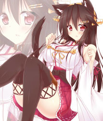 Rule 34 | 10s, 1girl, animal ears, bare shoulders, black hair, blush, boots, breasts, brown eyes, convenient leg, detached sleeves, hair ornament, hairband, hairclip, haruna (kancolle), headgear, japanese clothes, kantai collection, kemonomimi mode, large breasts, leash, long hair, nontraditional miko, red eyes, ribbon-trimmed sleeves, ribbon trim, sakurapochi, solo, tail, thigh boots, thighhighs, zoom layer