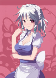Rule 34 | 1girl, blush, braid, breasts, cleavage, female focus, izayoi sakuya, large breasts, maid, maid headdress, red eyes, saiste, short hair, silver hair, smile, solo, embodiment of scarlet devil, touhou, twin braids