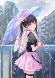 Rule 34 | 1girl, :o, angel wings, back, black hair, bracelet, bridge, commentary request, earrings, fishnet thighhighs, fishnets, fukahire (ruinon), hair ornament, heart, heart hair ornament, highres, holding, holding umbrella, jewelry, looking at viewer, looking back, necklace, original, outdoors, pink eyes, pink skirt, puffy short sleeves, puffy sleeves, railing, rain, shirt, short sleeves, skirt, solo, suspender skirt, suspenders, thighhighs, transparent, transparent umbrella, twintails, twitter username, umbrella, urban, water drop, wings