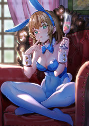 Rule 34 | 1girl, animal ears, blush, bow, bowtie, breasts, brown hair, covered navel, crossed legs, cup, detached collar, fake animal ears, fake tail, finger to mouth, gakaku pr, green eyes, holding, holding cup, indoors, leotard, long hair, looking at viewer, medium breasts, open mouth, original, pantyhose, playboy bunny, rabbit ears, rabbit tail, sitting, solo, strapless, strapless leotard, tail, white leotard, wrist cuffs
